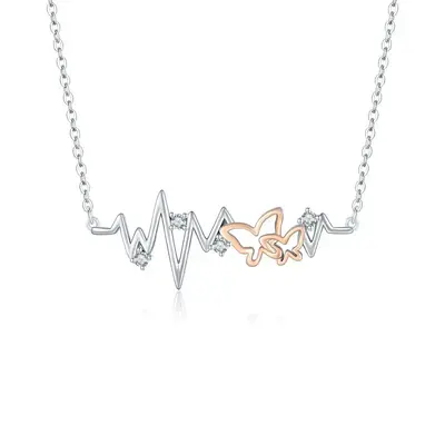 Sterling Silver Two-tone Circular Shaped Cubic Zirconia Butterfly Pendant Necklace