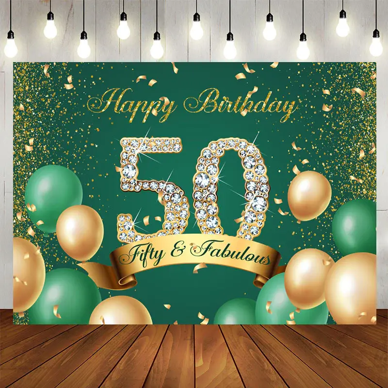 Aperturee Green Gold Balloon Glitter 50Th Birthday Backdrop
