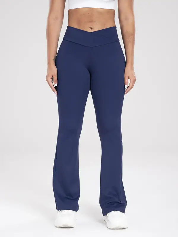 Women's Plain High Waist Flare Leg Sports Tummy Control Leggings, Casual Comfy Bell Bottom Skinny Pants for Yoga Gym Workout...