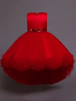 Girl's Contrast Sequin Bow Decor High Low Hem Tulle Dress, Elegant Sleeveless Round Neck Ruffle Trim Formal Party Gown, Kids ...