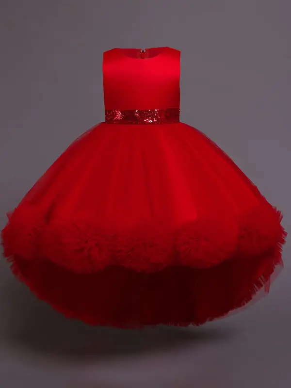 Girl's Contrast Sequin Bow Decor High Low Hem Tulle Dress, Elegant Sleeveless Round Neck Ruffle Trim Formal Party Gown, Kids ...