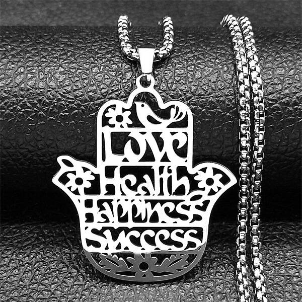 304 Stainless Steel Hollow Cut Hamsa Hand Pendant Necklaces