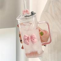 Bowknot Design Glass Cup, Cute Water Bottle with Handle, Drinking Cup for Home Office School, Gift for Girls, Drinkware