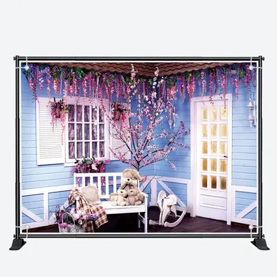 Blue Wood House Purple Floral Architecture Backdrop - Aperturee