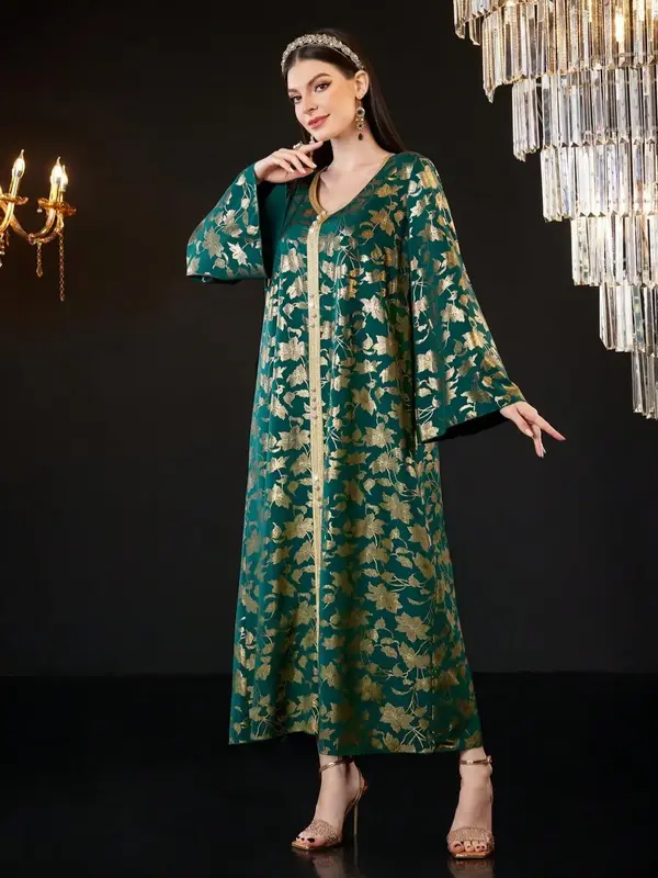 Women's Floral Print Long Sleeve Dress, Elegant Open Front Maxi Muslim Dress for Party Daily Wear, Ladies Islamic Clothing fo...