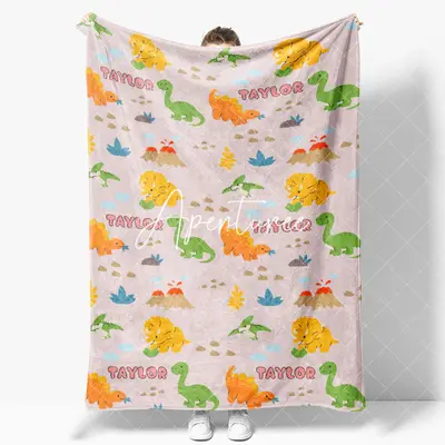 Aperturee Green Orange Dinosaur Custom Name Blanket For Baby, 30x40in(76x102cm), 26 USD, baby blankets, YMBD9M83-S