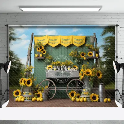 Green Wooden Board Sunflower Lemon Photo Backdrop - Aperturee