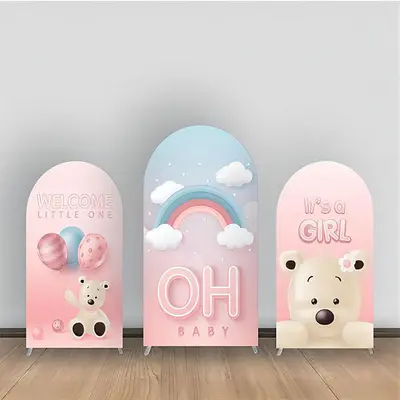 Oh Baby Bear Rainbow Balloon Girl Arch Backdrop Kit - Aperturee