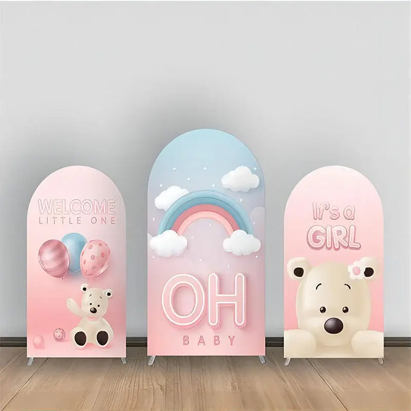 Oh Baby Bear Rainbow Balloon Girl Arch Backdrop Kit - Aperturee