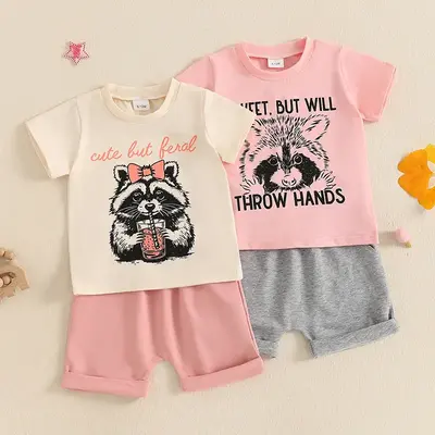 Toddler Girls Summer Outfit Raccoon Letter Print Short Sleeves T-Shirt and Elastic Shorts Set Cute 2 Piece Clothes
