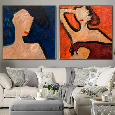 Original Set of 2 Figurative Paintings On Canvas In Red And Blue Colors Abstract Minimalistic Art Women Wall Art | WOMEN'S EV...