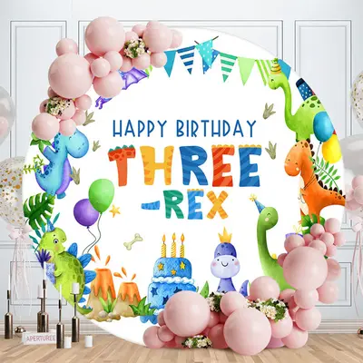 Three Rex Cute Dinosaurs Round Birthday Backdrop - Aperturee