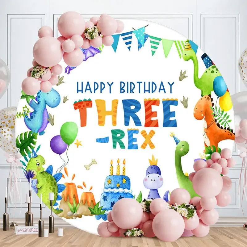 Three Rex Cute Dinosaurs Round Birthday Backdrop - Aperturee