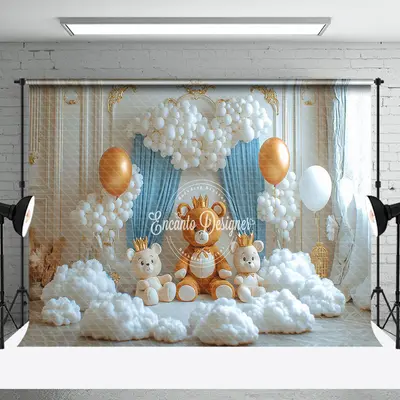 White Golden Wall Bear Cloud Cake Smash Backdrop - Aperturee