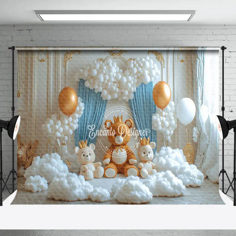 White Golden Wall Bear Cloud Cake Smash Backdrop - Aperturee