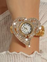 Women's Elegant Rhinestone Decorated Heart Shaped Quartz Watch, Exquisite Trendy Wristwatch, Fashionable Watch for Women As G...
