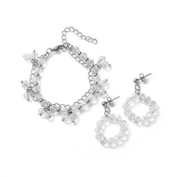 Glass Brided Beaded Dangle Stud Earrings & Multi-strand Bracelet