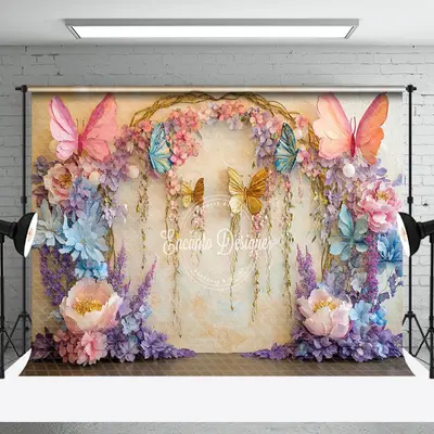 Aperturee Beige Retro Wall Floral Butterfly Photo Backdrop - Aperturee