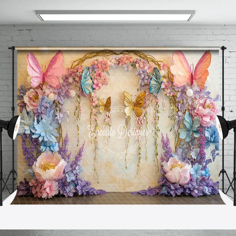 Aperturee Beige Retro Wall Floral Butterfly Photo Backdrop - Aperturee