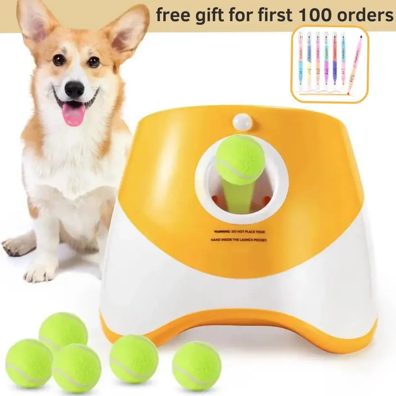 Automatic Dog Ball Launcher with 3 Mini Tennis Balls (2 Inch), 3 Adjustable Distances, Small & Medium Dogs Interactive Toy fo...