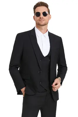 Black Slim Fit Men's Wedding Suit - One Button Peak Lapel Vest