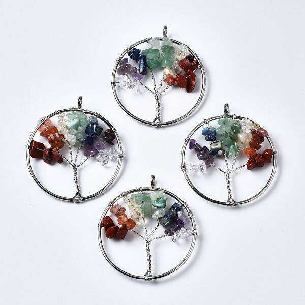 Tree of Life Mixed Stone Bead Brass Wire Wrapped Big Pendants