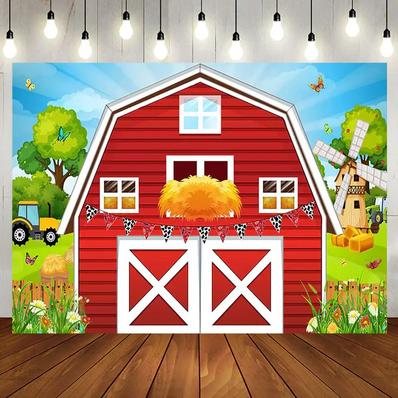 Aperturee Rural Red Barn Door Farm Happy Birthday Backdrop | Backdrop For Birthday Party | Birthday Curtain Backdrop | Happy ...