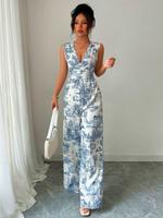 Women's Floral Print V Neck Jumpsuit, Casual Sleeveless Wide Leg Jumpsuit for Holiday Vacation, Ladies Clothes for Summer, Wo...