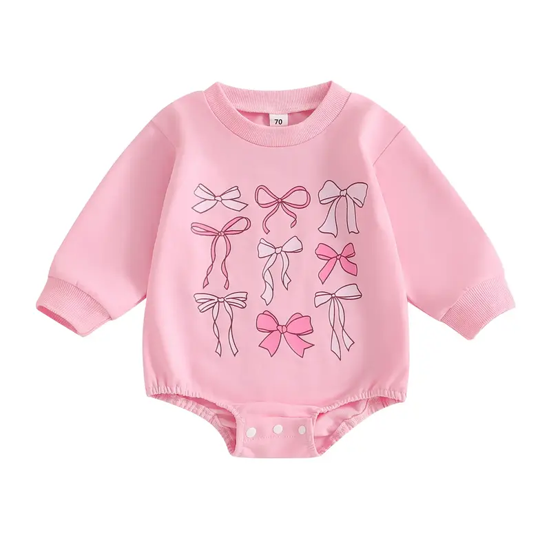 Infant Newborn Baby Girl Fall Winter Spring Outfit Long Sleeve Bow Print Bubble Sweatshirt Romper  Clothes