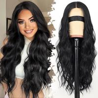 Black Long Wavy Glueless Wig for Women 4x1 Lace Middle Part Natural Hairline for Beginners Synthetic for Daily Party Use 26In...
