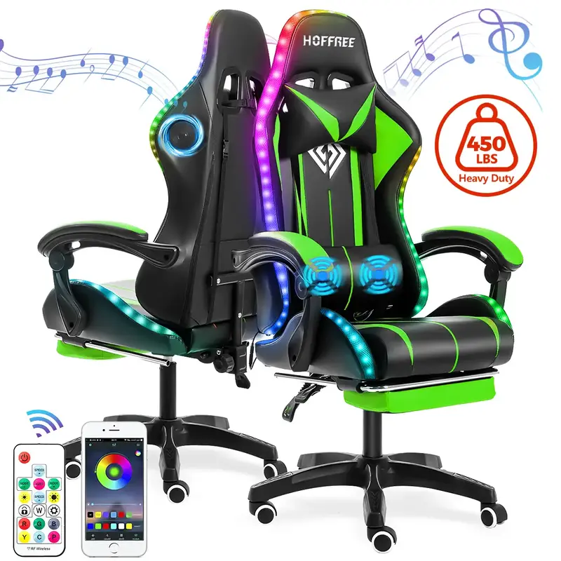 Hoffree Christmas gift Gaming Chair with Speakers PU Leather Office Chair with Footrest and LED Lights Ergonomic Gamer Chair ...