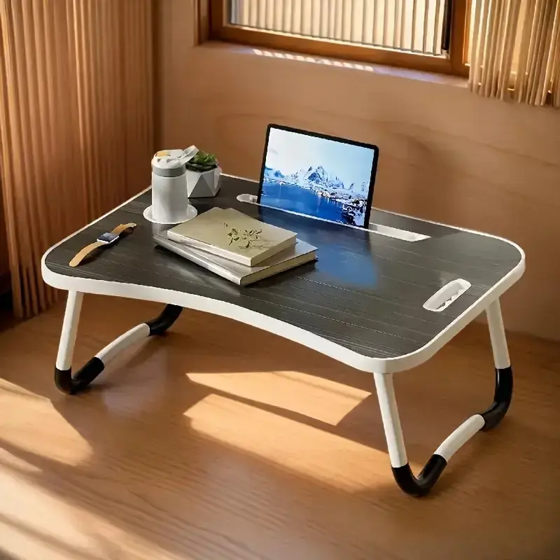 Oversized foldable laptop bed and table with drawers and cup holders - Portable space-saving design, sturdy hardwood structur...