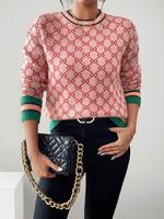 Women's All Over Print Contrast Binding Sweater, Casual Colorblock Striped Print Long Sleeve Round Neck Jumper for Fall & Win...