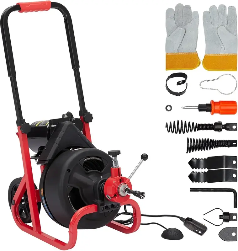 Garvee Heavy Duty 100ft 3/8 Electric Drain Cleaner Machine - 370W Sewer Snake with Auto Feed, 8 Cutters & Gloves - Professi...