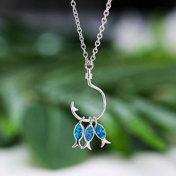 3-Fish & Fishhook Brass with Opal Pendant Necklaces