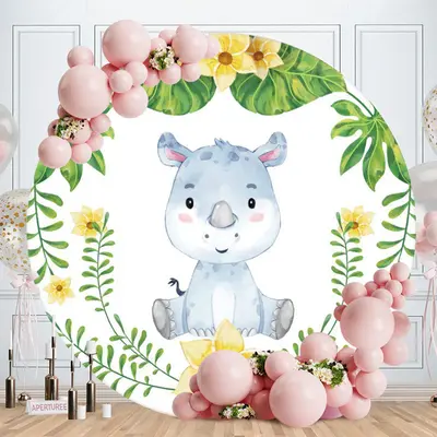Aperturee Blue Rhino And Floral Round Birthday Backdrop