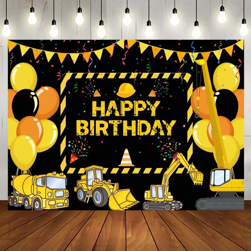 Yellow Truck Balloons Ribbons Birthday Backdrop - Aperturee
