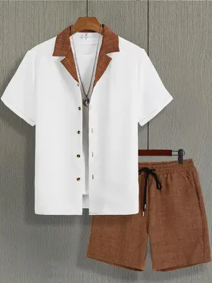 Men's Regular Fit Shirt & Drawstring Waist Shorts Two-piece Set, Casual Short Sleeve Collared Top & Shorts for Summer, Men's ...