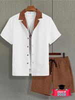 Men's Regular Fit Shirt & Drawstring Waist Shorts Two-piece Set, Casual Shortsleeve Collared Top & Shorts for Summer, Men's C...
