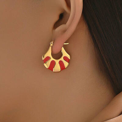 Fashionable Delicate Simple Color Block Fan-shaped Stainless Steel Hoop Earrings for Women