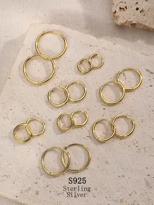 925 Sterling Silver Minimalist Geometric Circle Design Earrings, Temperament Plain Color Hoop Earrings, Casual All-match Ear ...