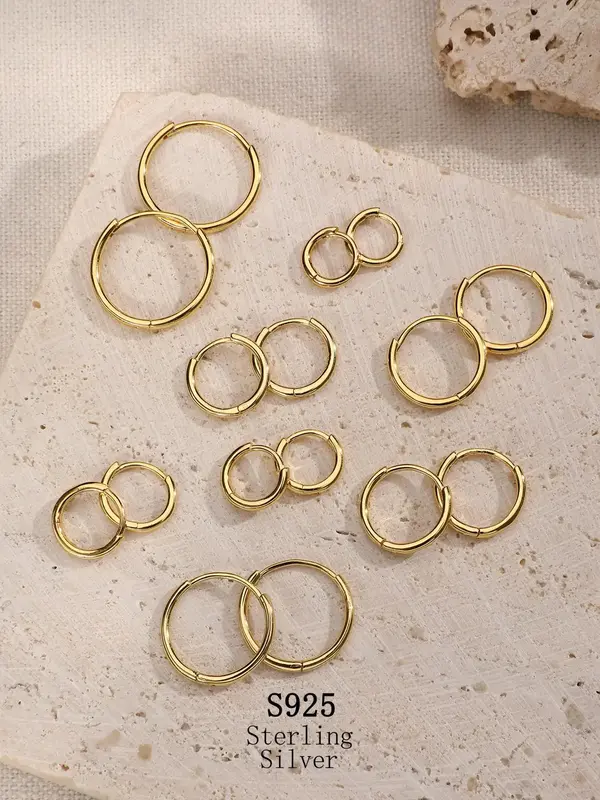 925 Sterling Silver Minimalist Geometric Circle Design Earrings, Temperament Plain Color Hoop Earrings, Casual All-match Ear ...