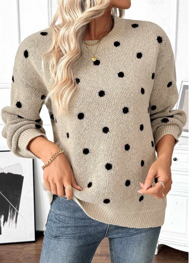Modlily Light Camel Tummy Coverage Polka Dot Long Sleeve Sweater - L