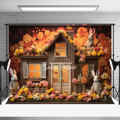 Orange Floral Rabbits Wood House Easter Backdrop - Aperturee