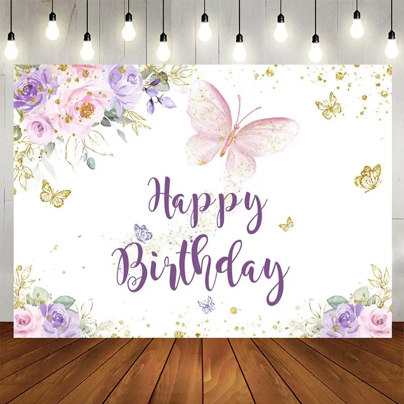 Aperturee Purple Gold Glitter Butterfly Birthday Backdrop