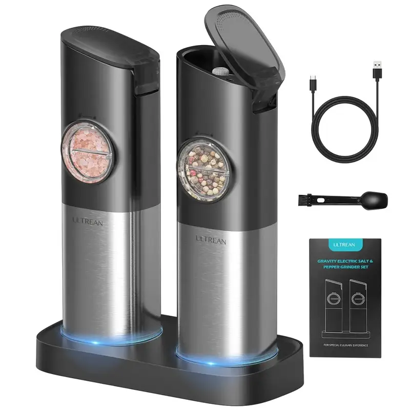 Ultrean Electric Salt & Pepper Grinder Sets, 2pcs Rechargeable, Adjustable, Modern Stainless Steel Construction, Seasoning Au...
