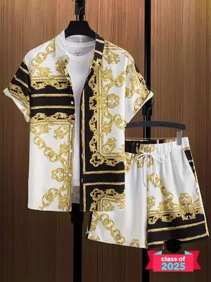 Two CountsĀ Men's Baroque Print Drawstring Waist Two-piece Set, Regular Fit Casual Short Sleeve Top & Straight Leg Shorts, Su...