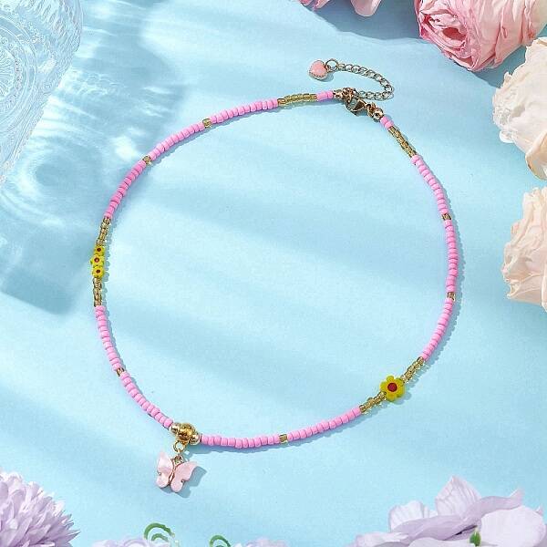 Glass Seed Beads & Flower Handmade Lampwork Beaded Necklaces