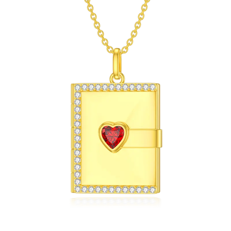 10K Yellow Gold Heart Cubic Zirconia Square Personalized Photo Locket Necklace For Women