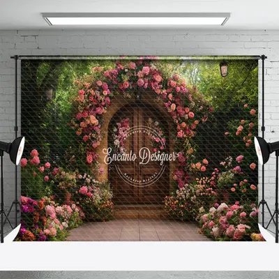 Aperturee Pink Floral Natural Plant Garden Gate Photo Backdrop, 3X2FT(1MX0.6M), 14 USD, spring backdrops, ENHD1J94-M